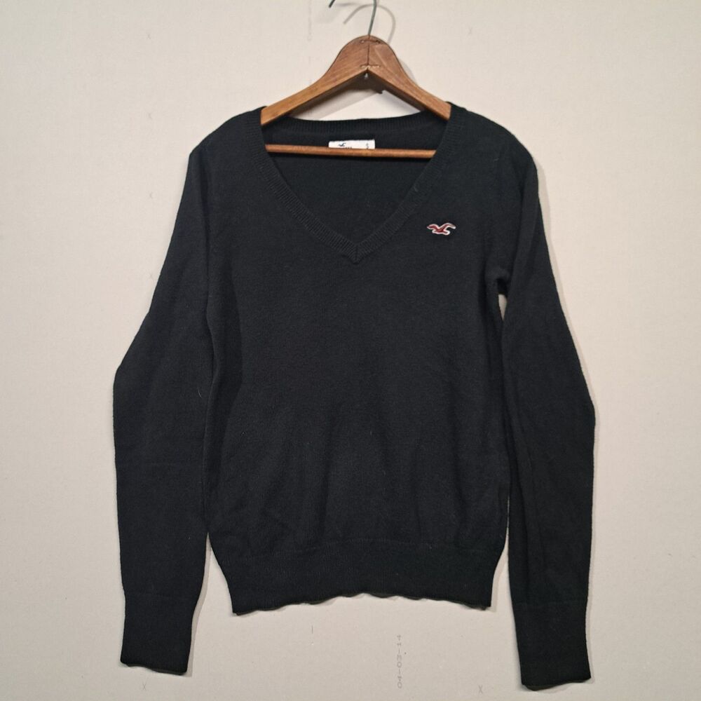 Womens Hollister Black Sweater Small Y2K V Neck Cotton Blend